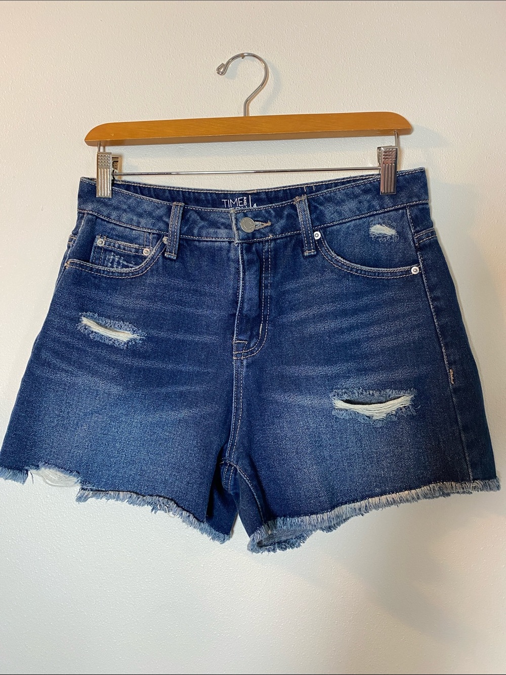 Time and Tru Dark Blue Distressed Denim Shorts